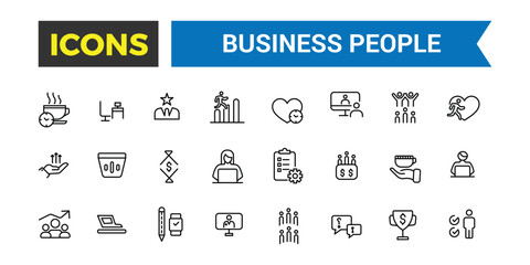 Business people, human resources, office management icon set. Outline icons pack. Editable vector icon and illustration.