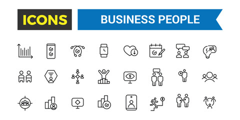 Business people, human resources, office management icon set. Outline icons pack. Editable vector icon and illustration.