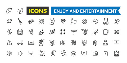 Enjoy and Entertainment icon collection. Vector thin line icons collection. Editable vector icon and illustration.