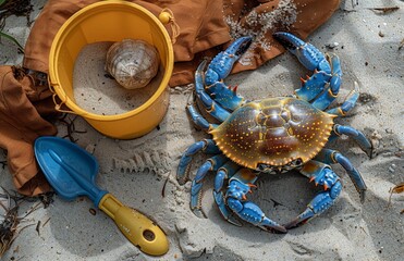 A colorful crab on sandy beach with a yellow bucket, shell, blue shovel, and brown towel nearby.
