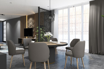 3d render of interior design living and dining room mock up, industrial modern between cnc geometric screen. Gray concrete floor, gray wall and white ceiling finish. Set 8