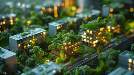 The layout of the green city. Landscaping. Environmental protection. An urban landscape with tall...