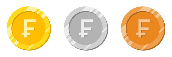 Obraz premium Frank coin in golden color. Switzerland currency with shiny effect vector illustration in gold, silver and bronze color. Frank coin vector.