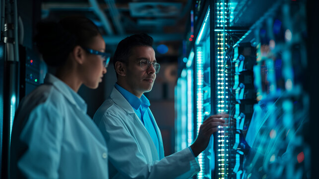 Developments in nanobiotechnology. A group of doctors work in the data center. Two scientists are looking at a large computer monitor