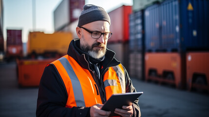 Obraz premium A male worker using a tablet works in a seaport container yard warehouse. Container warehouse inspection.