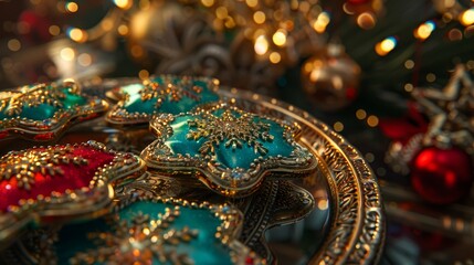 Fototapeta premium A tight shot of a cookie platter, adorned with gold and blue icing Red and green decorative icing embellish each cookie Behind stands a Christmas tree