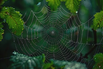 An arthropods spider web made of natural material is intricately woven among leaves in a forest, creating a beautiful pattern while capturing insects for the terrestrial animal