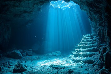 Obraz premium Sunlight Beaming into Underwater Cave with Rocky Steps - Nature Photography Design for Print