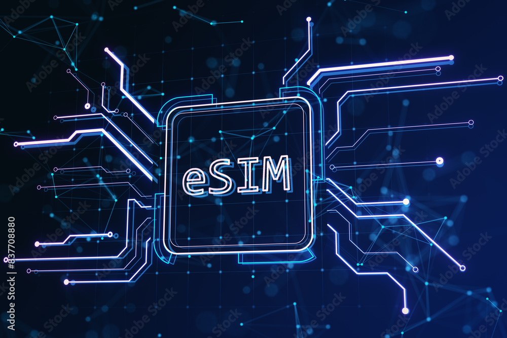 Aufkleber Creative glowing eSim hologram on blurry backdrop. Embedded sim and cellular mobile technology concept. 3D Rendering.