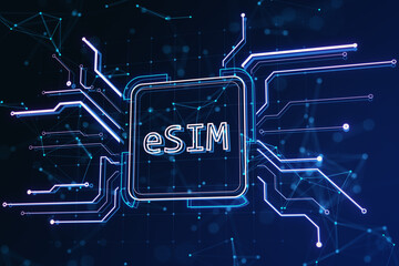 Creative glowing eSim hologram on blurry backdrop. Embedded sim and cellular mobile technology...