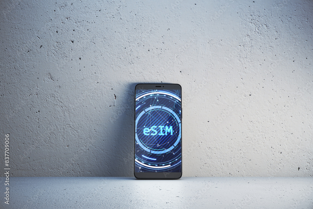 Poster close up of smartphone with creative glowing esim hologram on concrete background. embedded sim and 