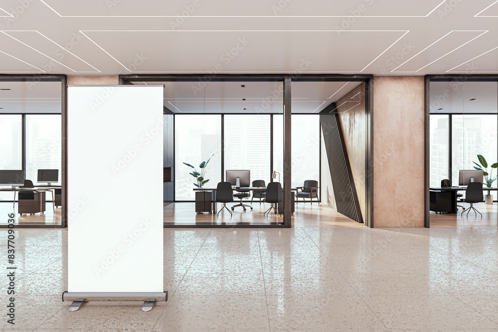 Aufkleber contemporary glass office hallway with white mock up roll-up banner. 3d rendering.