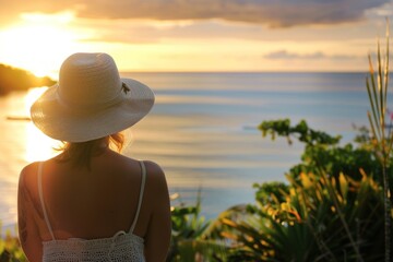 Fototapeta premium Woman facing sunset over calm sea