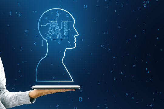 Close up of female hand holding smartphone with creative glowing AI head outline hologram on blue background with binary coding and mock up place. Artificial intelligence and technology concept.