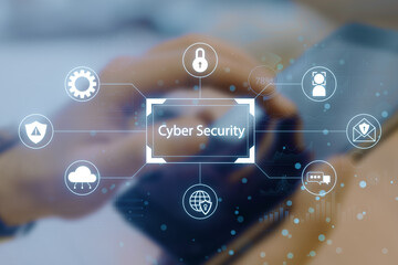 Close up of male hands using mobile phone with creative digital hologram on blurry background. Cyber security and protection concept. Double exposure.