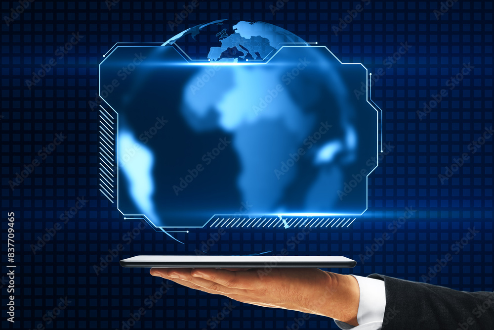 Poster close up of male hand holding cellphone with creative blue map folder with mock up place. digital co