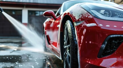 Car Wash Expert Using Water Pressure Washer to Clean a Red Modern Sportscar