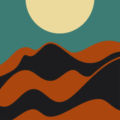 Mountain and sun lanscape panorama posters. Hand drawing shapes matisse style, naive art, contemporary backgrounds. Sunrise and mountains vector illustration