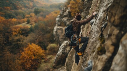 An adventure-seeker clad in a jacket and beanie bravely climbs a rugged cliff with autumn foliage in the background, illustrating determination