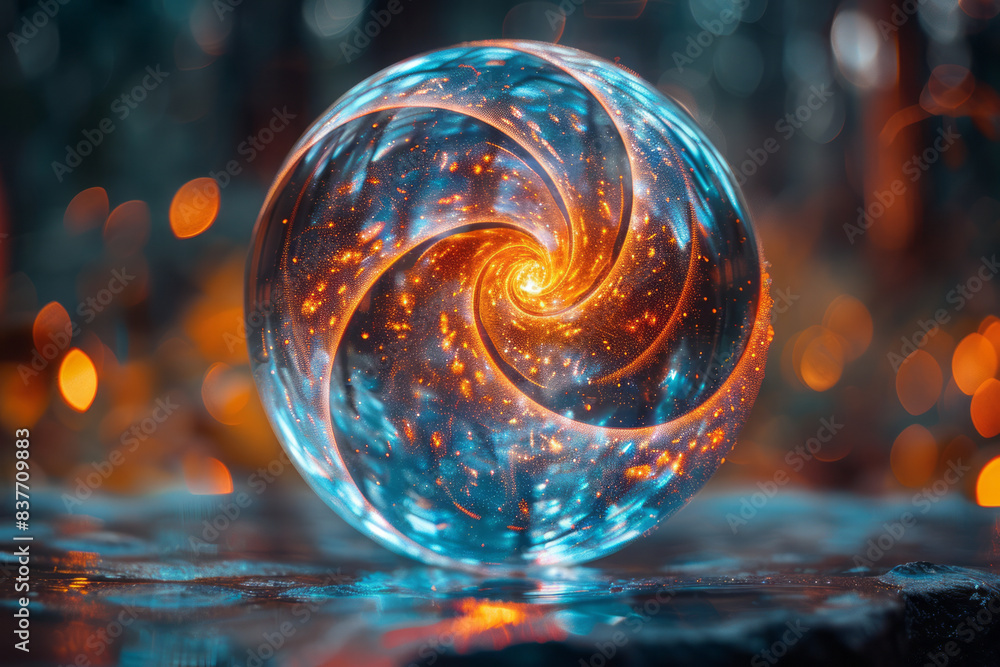 Poster an abstract image of a sphere with swirling, organic microstructures that seem to pulse with energy,