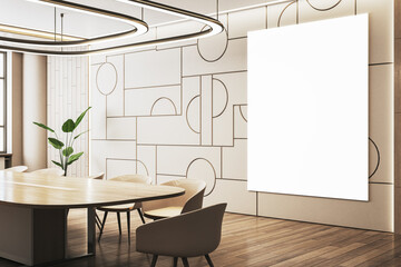 Modern wooden conference room interior with empty white mock up banner on wall. 3D Rendering.