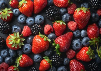 Fototapeta premium Mixed berries including strawberries, blueberries, raspberries, and blackberries, vibrant and fresh.