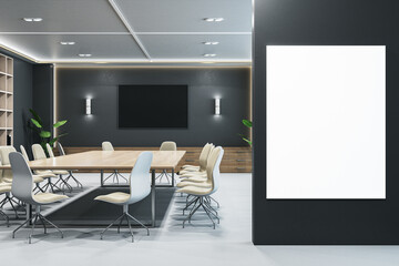 Modern dark conference room interior with black mock up screen and white banner on wall. 3D Rendering.
