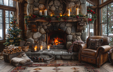 Christmas interior design. room with fireplace Christmas tree sofa large windows and view of the Christmas forest.
