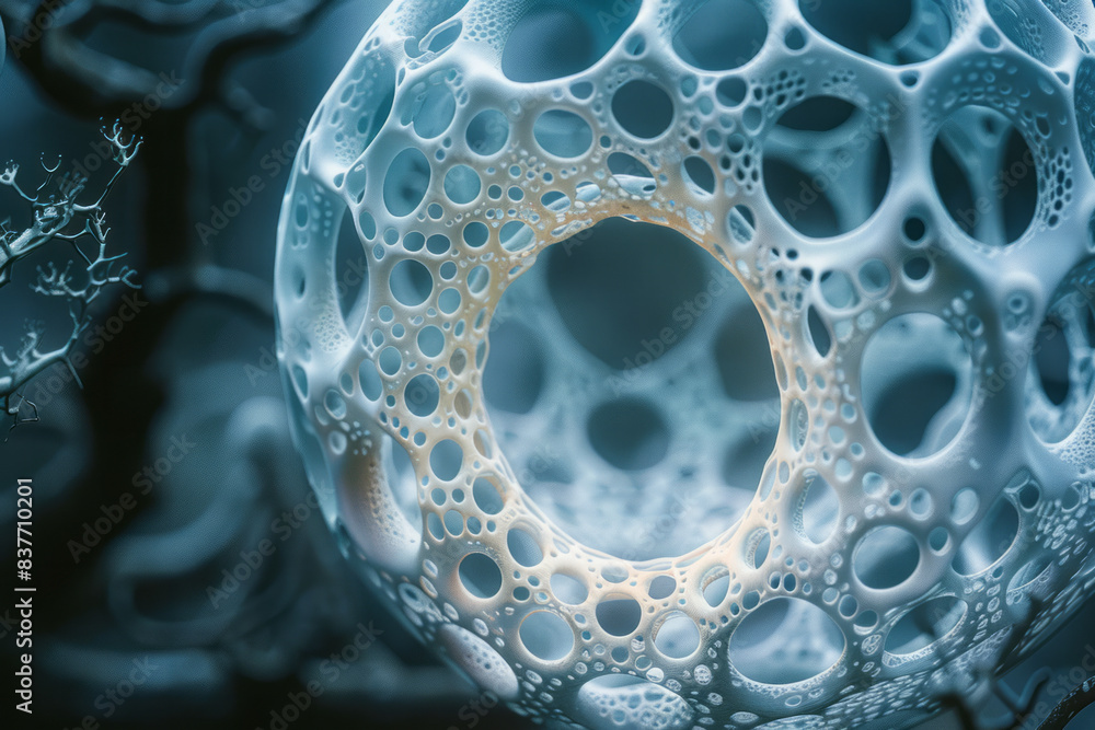 Poster a close-up of a sphere with fractal microstructures, each branching out in intricate detail,