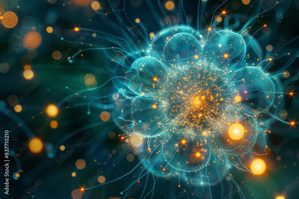 Poster an abstract depiction of a sphere filled with glowing, spiky microstructures that look like tiny sta