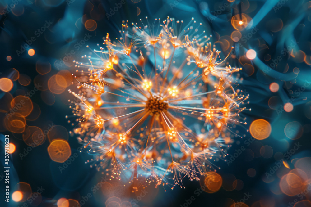 Poster an abstract depiction of a sphere filled with glowing, spiky microstructures that look like tiny sta