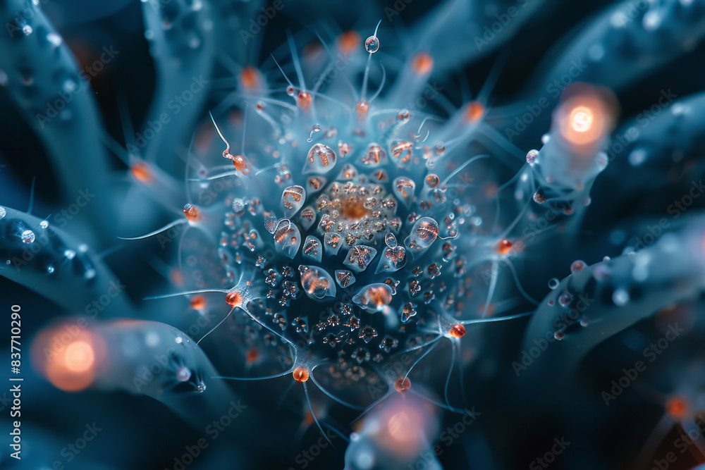 Poster an abstract depiction of a sphere filled with glowing, spiky microstructures that look like tiny sta