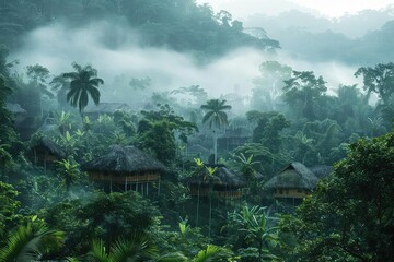 Amazon rainforest village, wooden huts, lush greenery close up, focus on, copy space Double exposure silhouette with tropical wilderness - Powered by Adobe