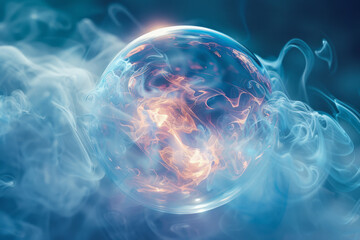 Obraz premium An abstract image of a sphere with swirling, smoke-like microstructures within its transparent shell,