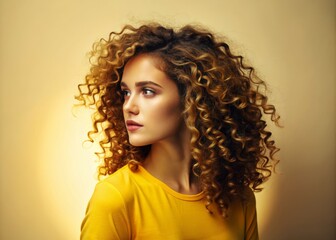 Portrait of cheerful, sweet, lovely, charming, positive, nice, cute girl with decollete, Beautiful woman with blowing curly hair, isolated on grey background