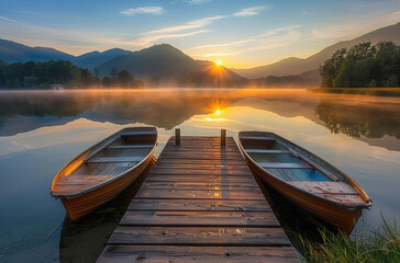 A beautiful sunrise over the lake, with mist rising from its surface and mountains in background