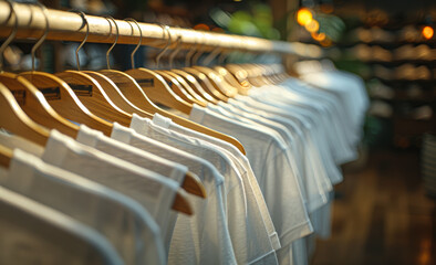 Obraz premium White t-shirts on hangers in clothing store