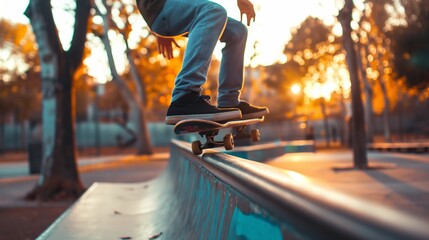 Skateboarder in motion skating down a ramp at a park, captured during the magical golden hour light