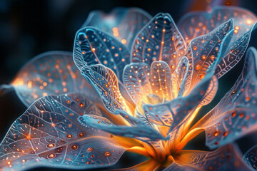 A detailed view of a sphere with intricate, floral microstructures, each petal-like form glowing softly,