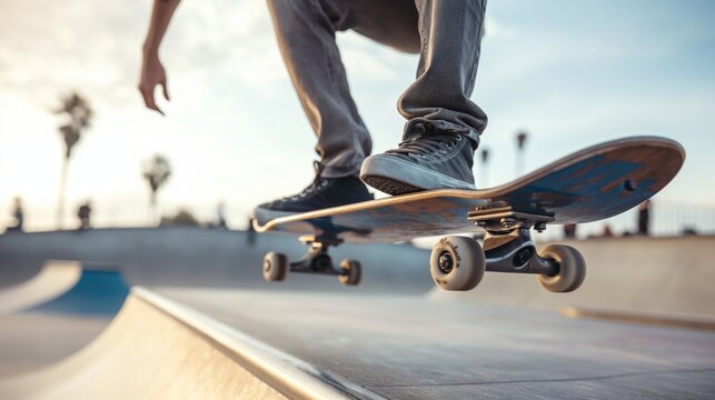 Skater with casual shoes is riding down a wooden ramp in a skate park with clear skies in the background
