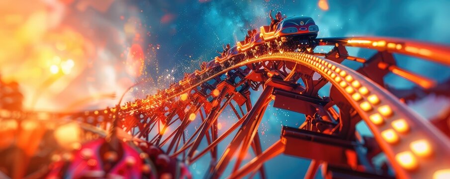 Amusement park roller coaster ride, close up, focus on, copy space, vibrant colors, Double exposure silhouette with thrill rides