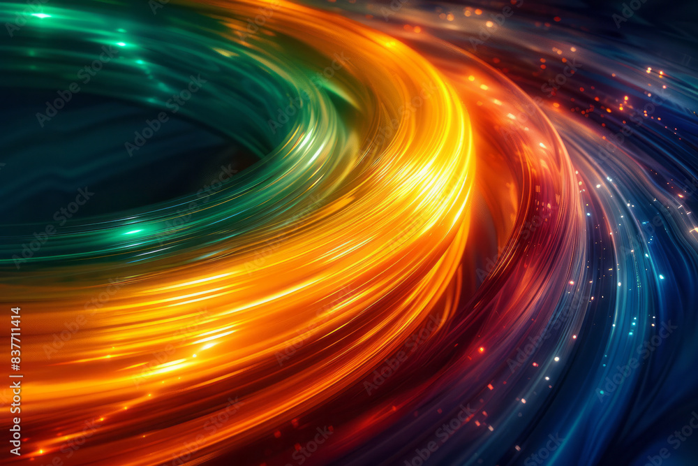 Poster an abstract neon infinity loop with electric green and yellow colors, creating a dynamic motion effe