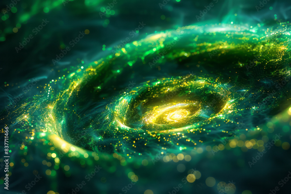 Poster an abstract neon infinity loop with electric green and yellow colors, creating a dynamic motion effe