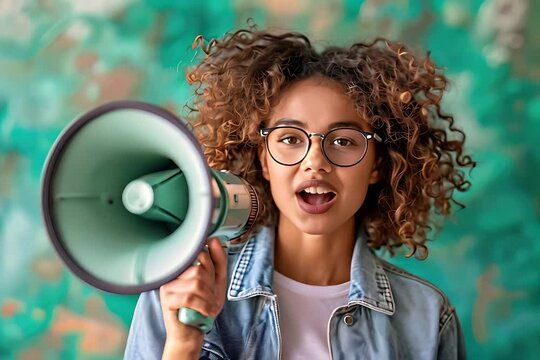 A woman with curly hair holds a megaphone and shouts loudly. Woman Shouting Through Megaphone.