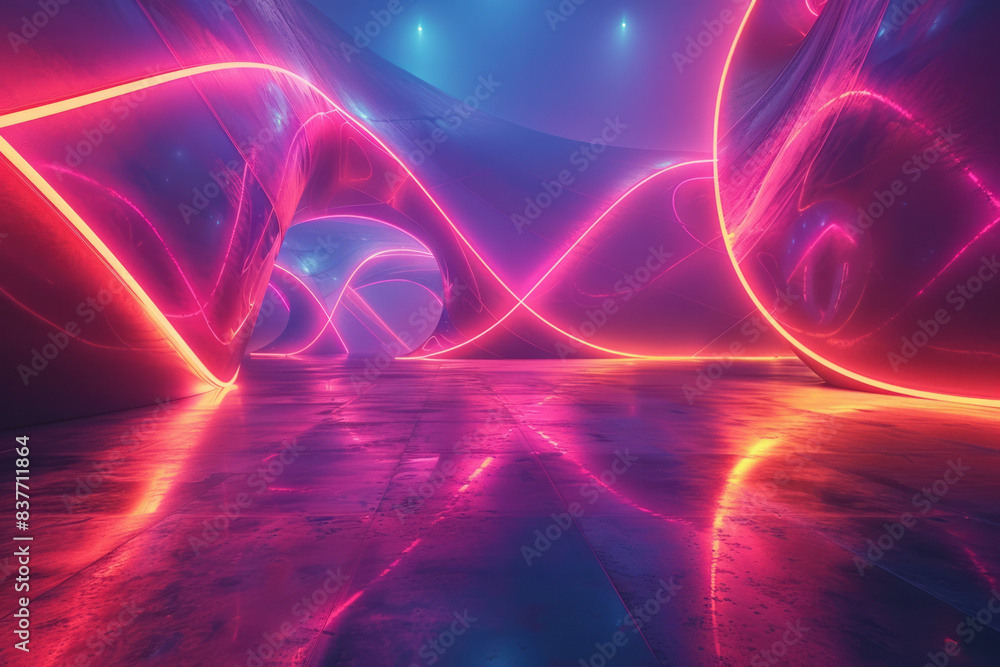 Poster an infinity loop made of neon lines, intersecting and overlapping in a complex pattern,