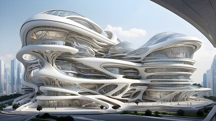 A futuristic concept art revealing the intricate layers of computer architecture embedded within the design of a smart building.