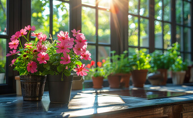 Fototapeta premium Beautiful pink flowers in pot on the windowsill
