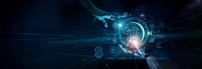 Hand touch AI banking network connecting with artificial intelligence technology to develop financial product in currency exchange, stock market trading and investment. Fintech innovation development.