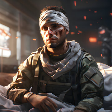 Injured Wounded Military Army Combat Soldier with bandages in hospital bed Duty Serviceman Welfare Healthcare Medical Recovery Concept poly illustration