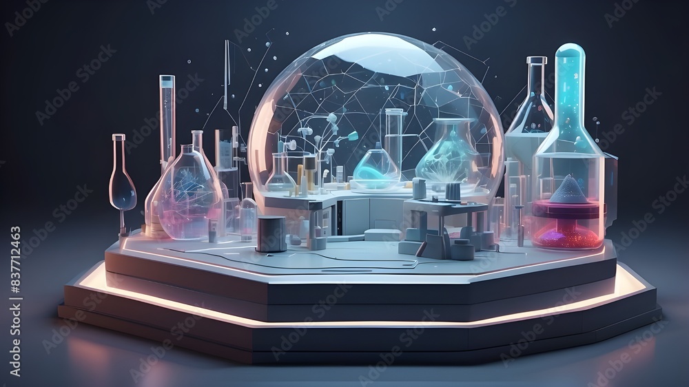 Poster a visually captivating low-polygonal representation of laboratory research, with a striking 3d holog